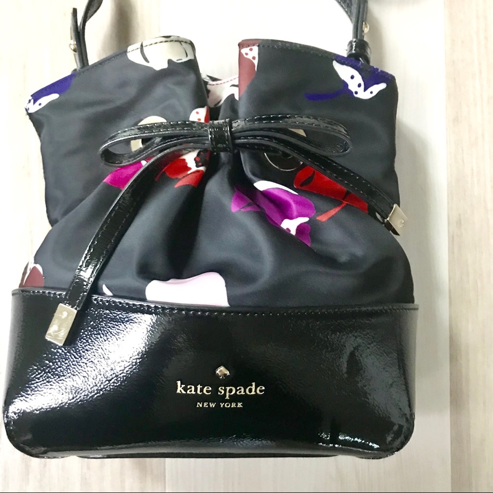 Kate Spade Black Floral Satin Bucket Shoulder Bag - Picture 2 of 5